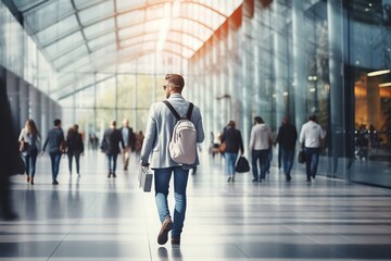 Blurred people in motion in a big city,  cityscape, capturing the energy of urban life in motion. Dynamic city scenes. Generative AI.