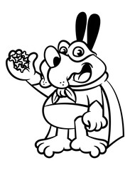 Cartoon illustration of A Dog wearing mask, cape, and superhero costume. Show a dog food with it's hand. Best for outline, logo, mascot, and coloring book with dog food product for pet shop