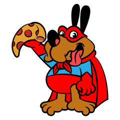 Cartoon illustration of A Dog wearing mask, cape, and superhero costume. Show a Pizza slice with it's hand. Best for mascot, logo, sticker with fast food restaurant themes