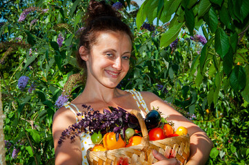 woman farmer with vegetable harvest. organic food and eco farming. greengrocer woman outdoor....