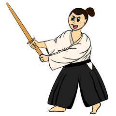 Cartoon Aikido with backsword hand drawing 