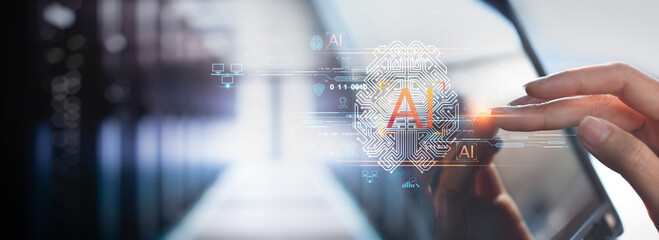 AI Artificial intelligence, innovation technology concept, Businessman using AI technology on digital tablet searching data and management, machine learning and software development