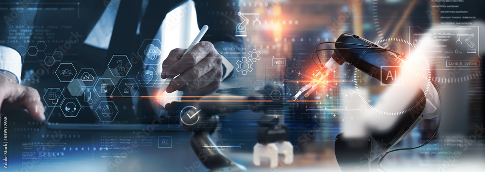 Aufkleber industrial engineer using digital tablet for robotics control system software, monitoring robot arm 