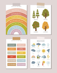 Set of 4 Educational Posters, Seasons landscape, weather elements, Kids Wall Decor, Kindergarten Decor, Classroom Posters, Preschool vector, Vector kids design