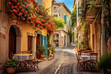 Fototapeta na wymiar Charming street in historic Antibes, Cote d'Azur on French Riviera. Generative AI