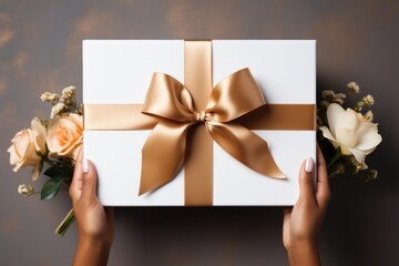 Black african american woman holding white present box with vivid ribbon bow as present for Christmas, fathers day, birthday on dark brown background with orange roses flower. Flat lay, copy space