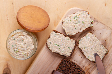 Homemade spread made with fish, eggs, mayonnaise and spring onion - obrazy, fototapety, plakaty