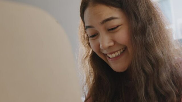 Asia people young Gen Z woman smile open unbox unpack parcel box goods carton packaging happy joy face. Omni channel enjoy buy gift order postal at retail online shop store send courier home service.
