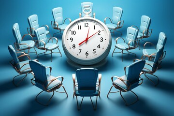 Visual synergy Illustration combines chairs and clock in a 3D rendered masterpiece.
