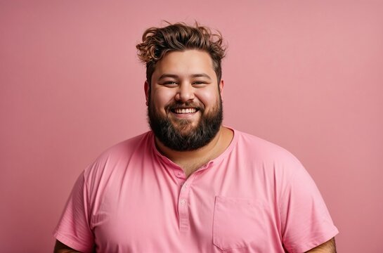 Happy young man with overweight and beard isolated on a pink background, looks into the camera and smiles. Fat guy in a pink shirt