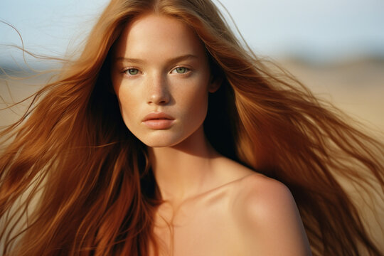 Portrait Of A Woman/model/book Character In A Close Up With Long Blonde Red Hair In A Fashion/beauty Editorial Advertisement Magazine Style Film Photography Look Redhead - Generative Ai Art