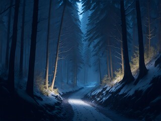 An image of a serene forest adorned with icy foliage and sparkling lights, presenting a peaceful hideaway to bid farewell to the old year. AI Generated