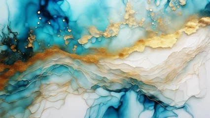 Papier Peint Lavable Cristaux Abstract colored background of blue and gold. The alcohol ink painting technique is modern and has a luxurious look.