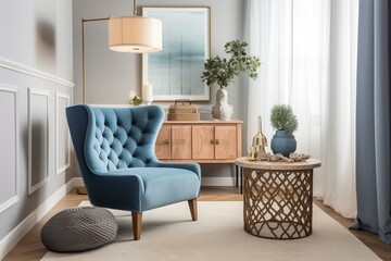 Cozy living room featuring a wooden table, elegant lamps, and a beautiful blue armchair. Generative AI