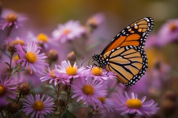 Monarch butterfly perched on purple aster amid summer floral background, with female monarch butterflies flying amidst autumn blooming asters in a panoramic banner. Generative AI