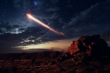 A meteor streaks through the night sky. Generative AI
