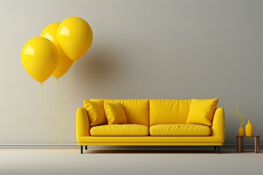 Furniture Store With Minimal Style, Yellow Sofa Floating By Balloon. 3d Illustration. Generative AI