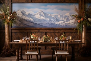 Scenic wooden table backdrop adorned with majestic mountains and abundant wildlife. Generative AI