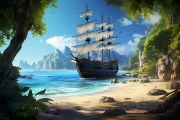 Artistic depiction of pirate ship docking on idyllic beach to recruit more pirates. Generative AI