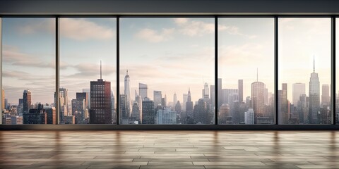 Cityscape elegance. Contemporary office. Room window with skyline view. Sleek skyscraper interiors. Bright city office perspective. Downtown luxury