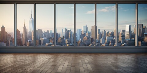 Cityscape elegance. Contemporary office. Room window with skyline view. Sleek skyscraper interiors. Bright city office perspective. Downtown luxury