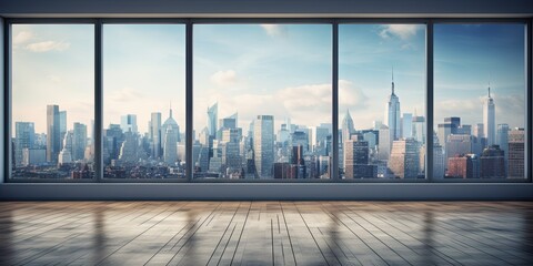 Fototapeta premium Cityscape elegance. Contemporary office. Room window with skyline view. Sleek skyscraper interiors. Bright city office perspective. Downtown luxury