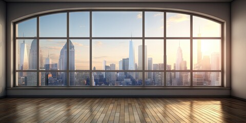 Cityscape elegance. Contemporary office. Room window with skyline view. Sleek skyscraper interiors. Bright city office perspective. Downtown luxury