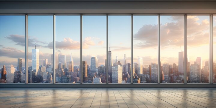 Fototapeta Cityscape elegance. Contemporary office. Room window with skyline view. Sleek skyscraper interiors. Bright city office perspective. Downtown luxury