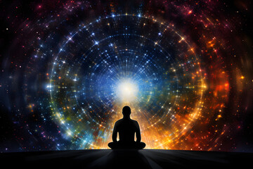 Fototapeta premium Silhouette of a man deep in meditation, seated before vibrant and illuminated circles of light and color. This image represents cosmic energy, chakra alignment, meditation, relaxation, and evolution