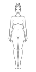 Woman body front view vector illustration. Isolated outline line contour template girl without clothes. Anatomy of healthy female body shapes. Female figure vector human body in linear style.