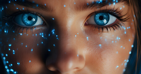Cropped image of a portrait woman with bright blue eyes and illuminated energy dots over her face, representing a futuristic image of connection network and seeing the future.  - Powered by Adobe
