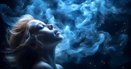 Foto op Canvas Image of a woman with her eyes closed, head tilted backwards, in a mysterious cosmic cloud, representing the state of dream. © Holly Berridge