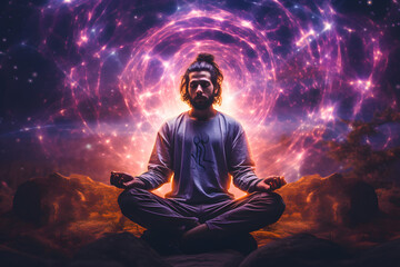 An image depicts a man meditating alone in the midst of an astral and spectral environment. This scene captures his serene connection with a surreal and otherworldly realm.