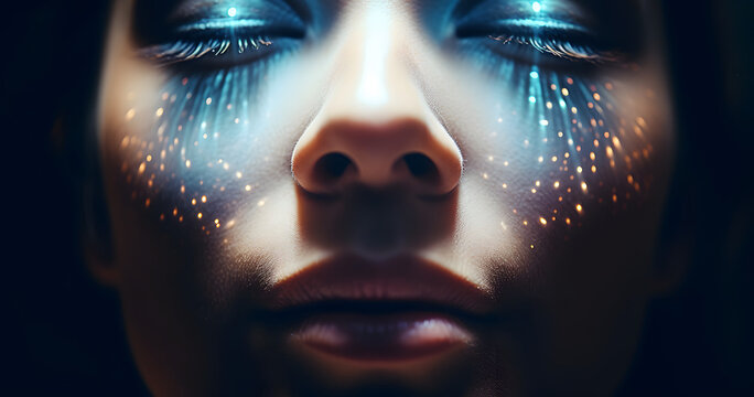 Cropped portrait of a woman's face with dark makeup and illuminated freckles, representing psychic abilities, mediumship, beauty, and fashion.