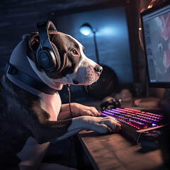 Cute dog gamer playing computer with headphones