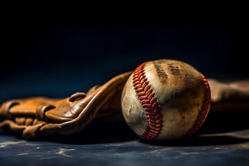 Close up baseball and glove on dark background showing intricate detailing and red laces, sports...