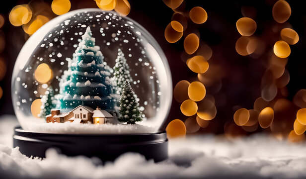 Christmas decorations, little house and Christmas tree under the glass ball with snow