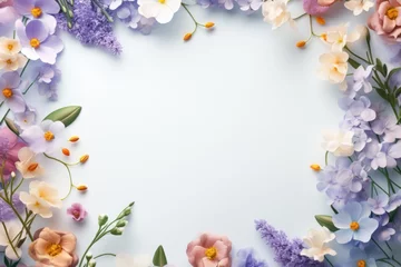 Fotobehang Frame with colorful flowers on clear white background. Greeting card design for holiday, Mother's day, Easter, Valentine day. Springtime composition with copy space. Flat lay, top view © ratatosk