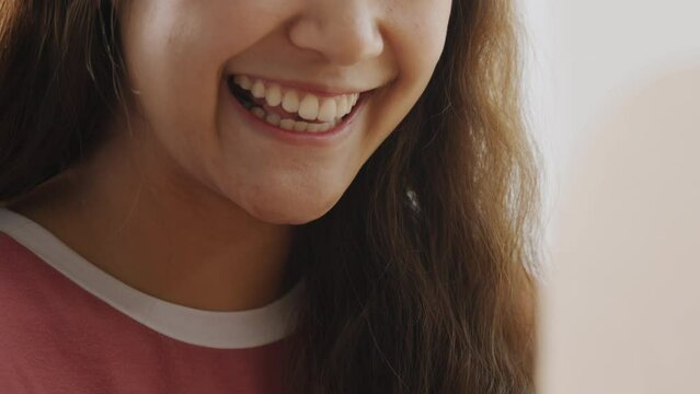 Asia people young Gen Z woman smile open unbox unpack parcel box goods carton packaging happy joy face. Omni channel enjoy buy gift order postal at retail online shop store send courier home service.