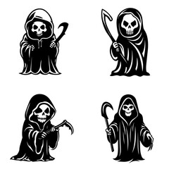Collection of simple flat Grim Reaper vector. Halloween Grim Reaper cartoon. Cartoon spooky character