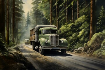 Truck maneuvering through winding forest road. Generative AI - obrazy, fototapety, plakaty