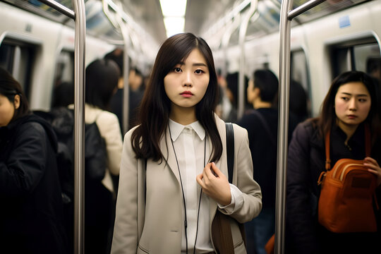 Portrait of stylish young chinese asian business woman inside busy train