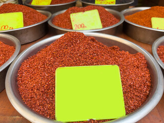 red hot pepper in bazaar market with label