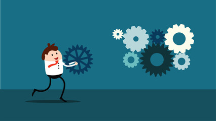 Happy Businessman Running with Gear to Connect to Mechanism. Success and determination concept vector