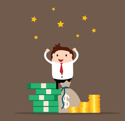 Happy Businessman with Stacks of Money