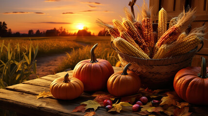 Basket Of Pumpkins, Apples And Corn On Harvest Table in Barn With Open Door. Generative Ai - obrazy, fototapety, plakaty