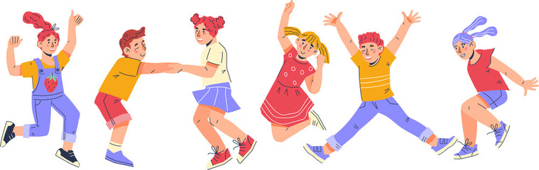 Happy cheerful children jumping for joy. Kids boys and girls laughing and jumpin.