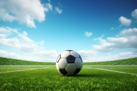 3D illustration of soccer field with football ball and soccer goal. Generative AI