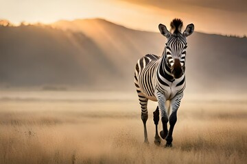 zebra at sunset in field  