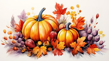 Autumn pumpkin and floral berry leaves, watercolor vector illustration. Generative Ai